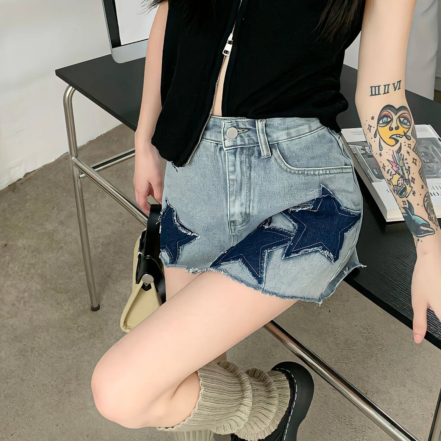 Territory New Embroidery Jean Short Skirt Summer Japanese Y2k With Belt Vintage Fashion Denim Irregular Stitching Star A-Line Skirts