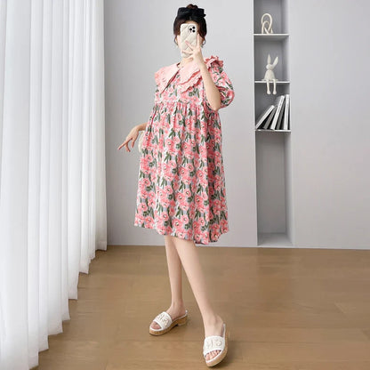 Territory Korean Style Double Layers Peter Pan Collar Puff Sleeve Plus Size Pregnant Woman Floral Dress Knee-length Maternity Dress Loose