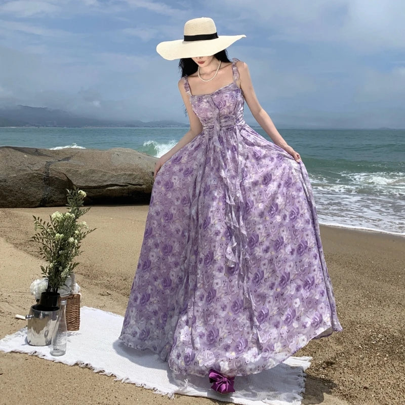 Territory French Vintage Purple Print Long Dresses for Women 2023 Summer Sexy Backless Sleeveless Ruffles Beach Holiday Female Clothing