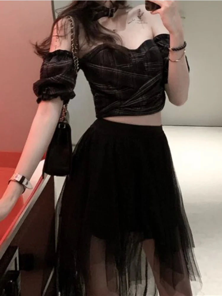 Territory Gothic Black Tulle Skirt Women High Waist A-line Irregular Folds Sexy Punk Style Mini Skirt Summer Streetwear Fashion