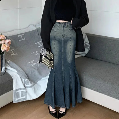 Territory Long Denim Skirt Vintage Women Solid High Waist  A-LINE Slim Korean Style Jean Slit Midi Skirt Summer Fashion Girl