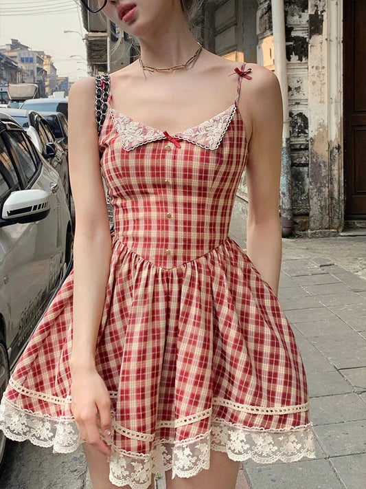 Territory Red Plaid France Vintage Dress Women Bow Lace Kawaii Elegant Party Mini Dress Korean Sweet Beach Strap Dress Female Summer