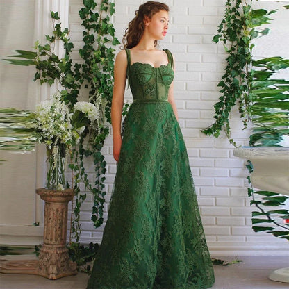 Territory Charming Dark Green Lace A-line Prom Dresses Sweetheart Decal Lace Spaghetti Strap Evening Dresses Prom Dress 2024