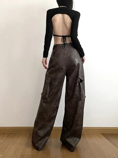 Territory Brown Classic  leather Retro All-match Casual High Street Fashionable Cool Confident Youth Hip-hop Women Autumn Straight Leg Pants