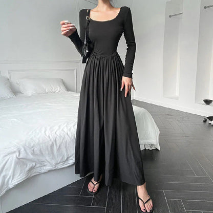 Territory  Hepburn Style Fashion Elegant Women A Line Dress Summer Elastic Slim Long Sleeve Midi Dress High Waist O Neck Pleated Dress