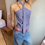 Territory Blue Stripe Printed Tie Design Button Up Crop Top Shirt Asymmetrical Tank Tops Y2k Korean Fashion Clothing