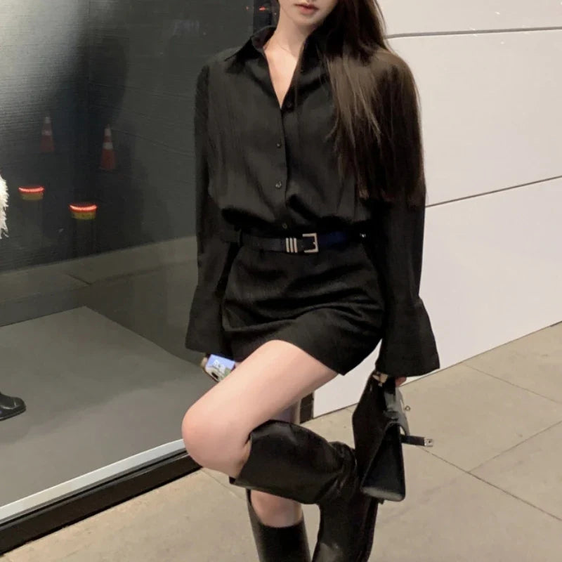 Territory Polo Collar Sexy Slim Black Long-sleeved Dress Women 2024 Spring New High Street Fashion All Match Mini Dress with Belt