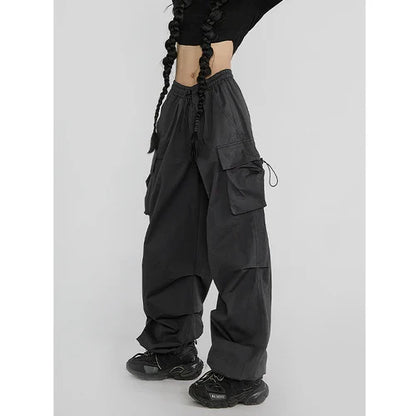 Territory Cyber Y2K Red Parachute Pants Women Kpop Streetwear Gray Cargo Trousers Oversized Egirl Punk Black Wide Leg Pantalones