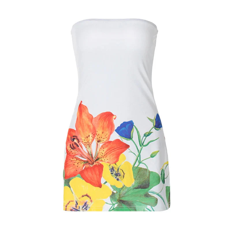 Territory Flowers Print Strapless Mini Dresses Casual Vacation Outfits For Woman 2024 Cute Summer Dress Women Y2K Clothes