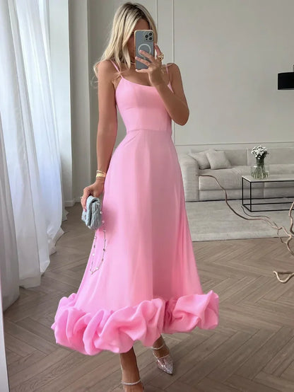 Territory 2024 Women Spaghetti Strap A-line Ruffles Pink Evening Dresses Elegant Sweet Sleeveless Backless Zip-up Green Party Prom Dress