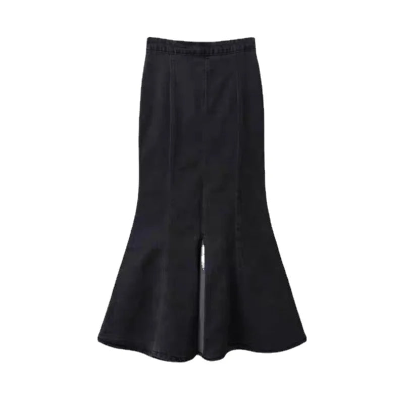 Territory Black Denim Long Skirt Women Vintage High Waist Split Bodycon Ruffles Pencil Mermaid Midi Skirt Summer Japanese Fashion