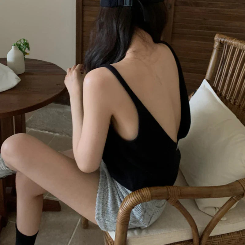 Territory High Street Sexy Backless Loose Casual Camisole Women 2024 Summer New Korean Solid Color All Match Knitted Tops