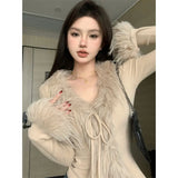 Territory Autumn Solid Fur Vintage Knitted Cardigan Women Elegant Knitted Sweater Coat Female Korean Fashion Retro Slim Fit Tops New