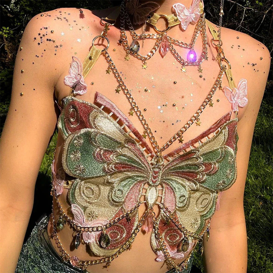 Territory  Sexy Woman Crystal Chain Butterfly Embroidery Sleeveless Backless Adjustable Ultra Short Top Music Prom