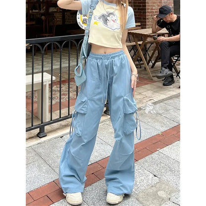 Territory Cargo Pants Women Y2K Oversized Sweatpants Streetwear Pockets Wide Leg Joggers Harajuku Korean Blue Baggy Casual Trousers