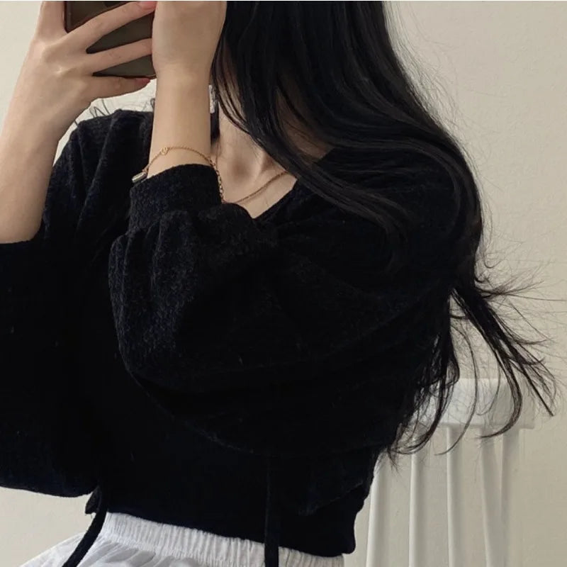 Territory Lace Up White Cardigan V Neck Knitwear Lantern Sleeve Women's Sweater Korean Fashion Spring Knit Oversize Wear To Work