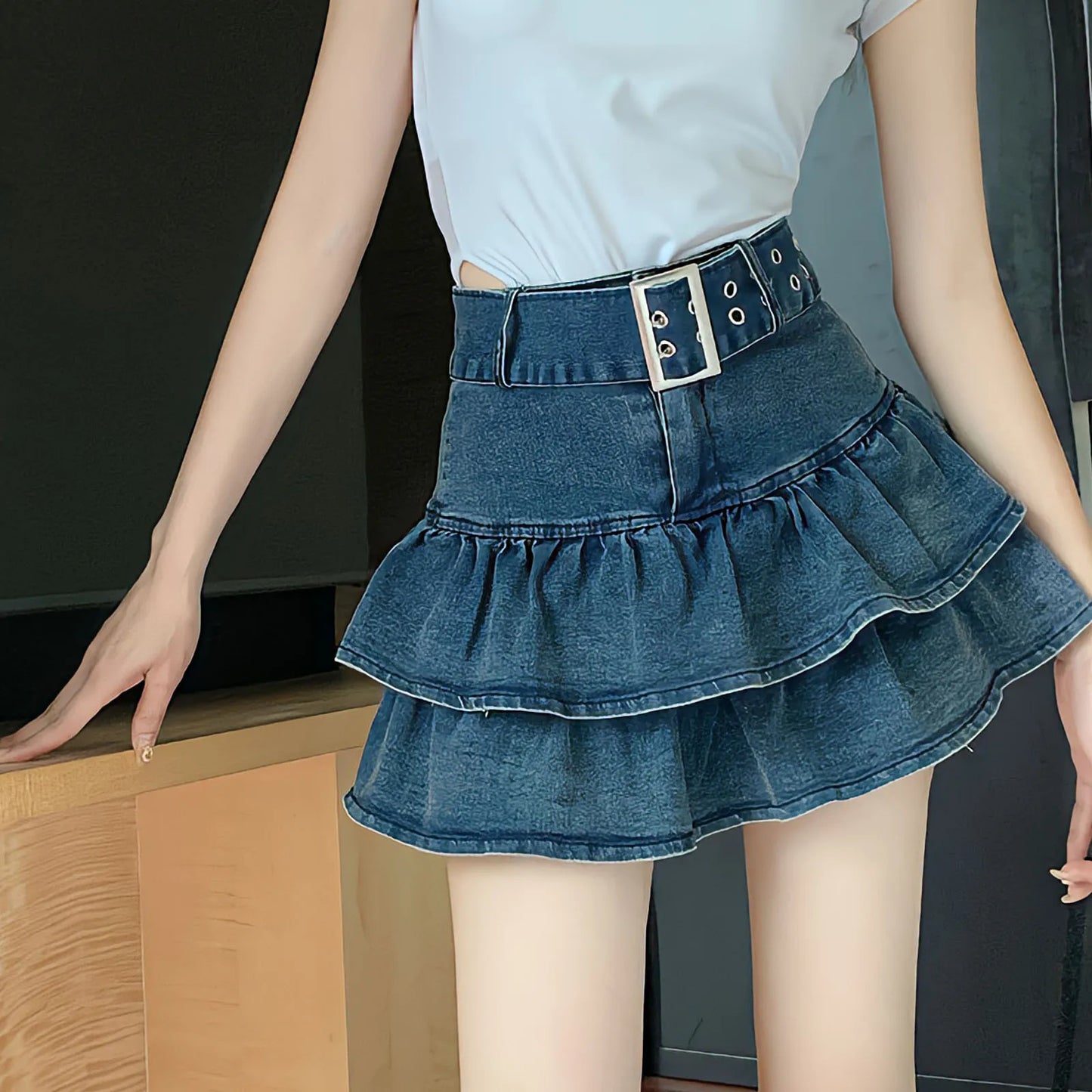 Territory Hotsweet Pleated Skirts Chic Summer With Belt Vintage High Waist Fashion Denim Women Vintage Ruffles A-Line Y2k Mini Skirt