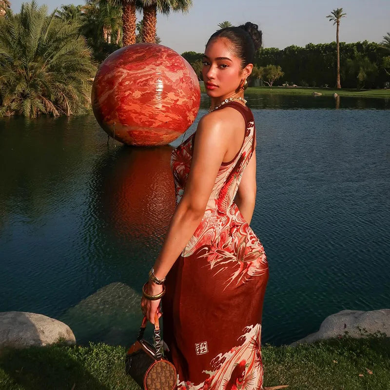 Territory Red Vintage Print Mesh Sheer Summer Women's Dresses Elegant Outfits For 2024 Sexy Sleeveless Bodycon Long Dress