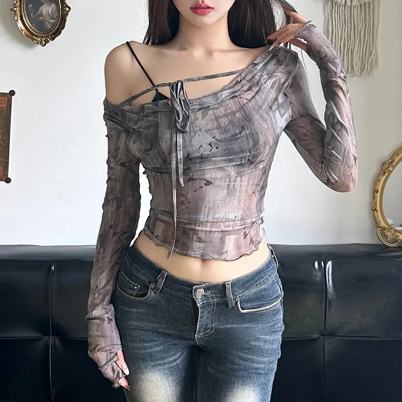 Territory Holiday Printed Bandage Mesh T Shirt Sexy Slim Crew Neck Long Sleeve Tees Women 2024 Autumn Spring Fashion Streetwear