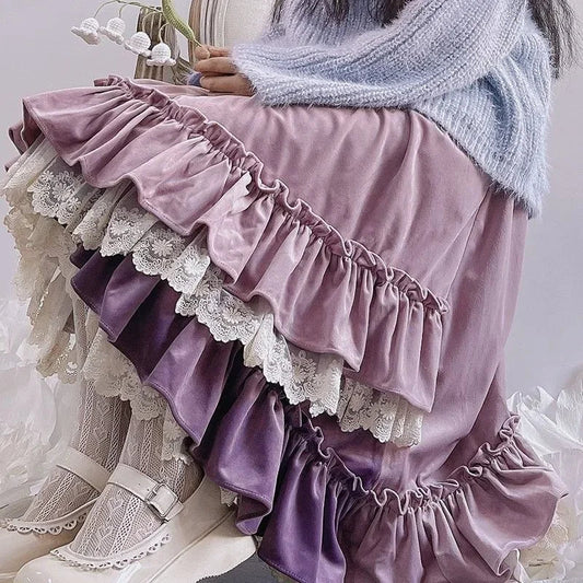 Territory Purple Vintage Evening Party Midi Skirt Women Lace Kawaii Lolita Fairy Skirt Autumn Winter Irregular Retro Elegant Skirts