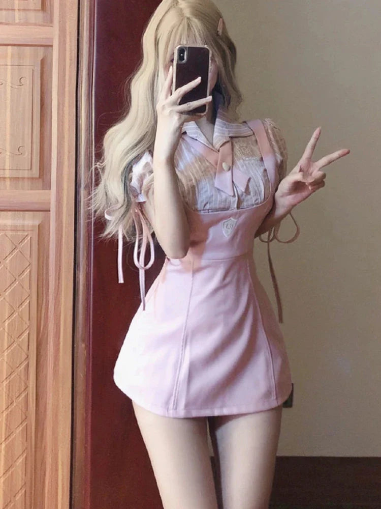 Territory Pink Sweet Kawaii Two Piece Set Women Korean Fashion Party Mini Dress Set Female Bow Lace Tops + Cute Princess Dress Suit