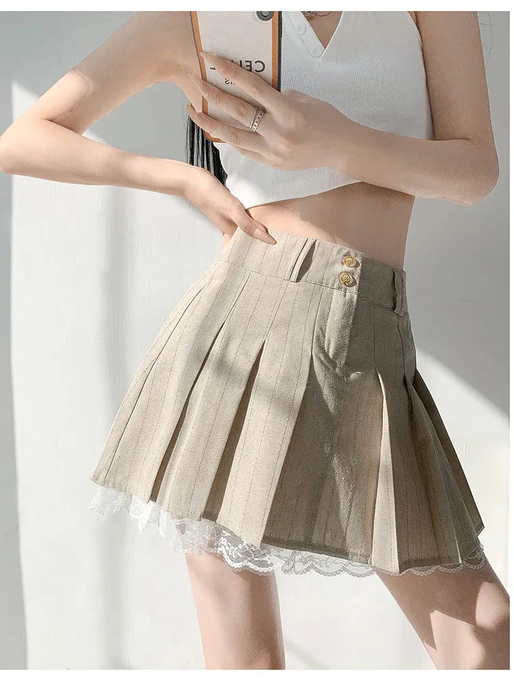 Territory Korean Fashion Khaki Pleated Skirt Lace Trim Women Preppy Style Button Up High Waist Cute Sexy Summer Kawaii Mini Skirt