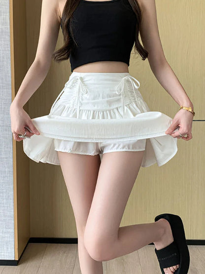 Territory Fashion All Match Skirts Solid Color Bow Draw String Ruffles Patchwork High Waist Mini Skirt Summer Female Slim Women's Clothing