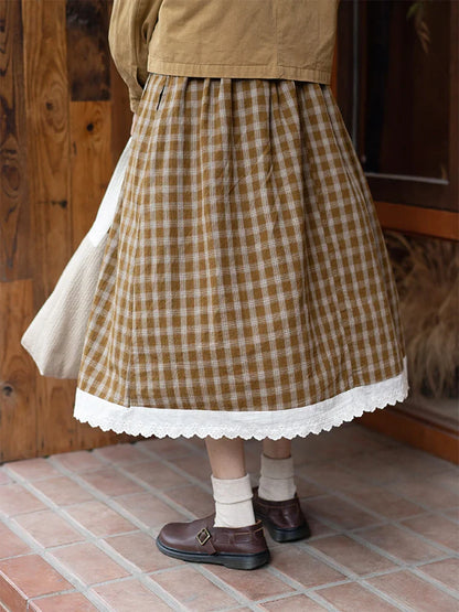 Territory Harajuku Plaid Long Skirts Women Japanese Vintage Lace Preppy High Waist A Line Midi Skirt Korean Fashion Casual Female Faldas