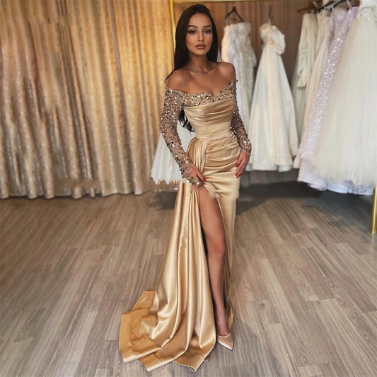 Territory Sexy Champagne African Arab Celebrity Party Dress Camisole Strapless Sequin Evening Gown Long Sleeve Satin Slit Crepe Prom Dress