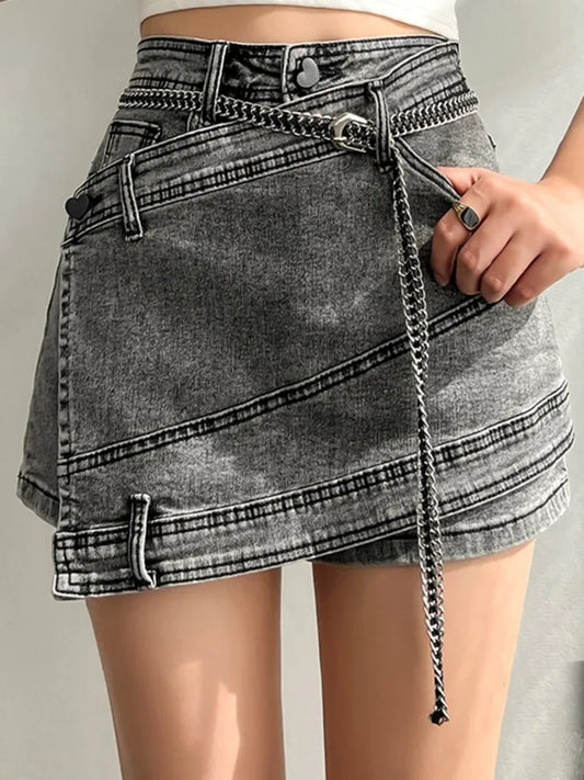 Territory Fashion Women's Denim Skirt New High Waist Irregular Chain Spliced Gray Above Knee Skirts Female Tide Summer 2024