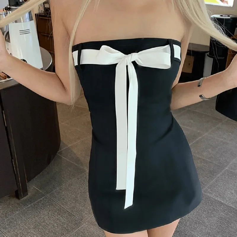 Territory Bow Tie Tube Top Backless Mini Dresses for Women Y2k Sexy Cute Black Dress Party Night Club Outfits