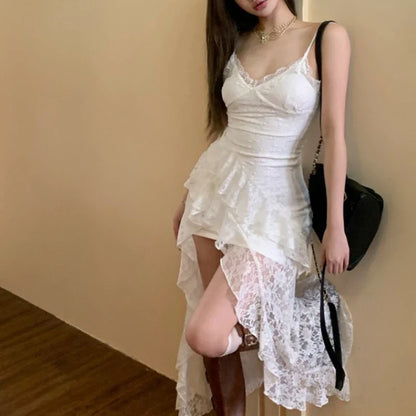 Territory Korean Solid Color Casual Asymmetric Sling Dress Women 2024 Summer New V-neck Sexy Slim Ruffled Lace Mid-length Dress