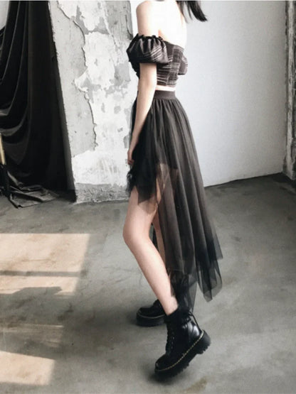 Territory Gothic Black Tulle Skirt Women High Waist A-line Irregular Folds Sexy Punk Style Mini Skirt Summer Streetwear Fashion