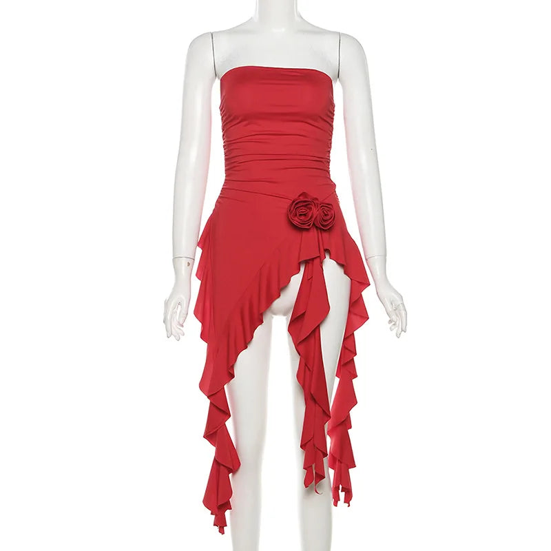 Territory Flower-applique Ruffle Asymmetrical Dress Red Black Y2k Sexy Strapless Short Dresses For Women Summer Clothes