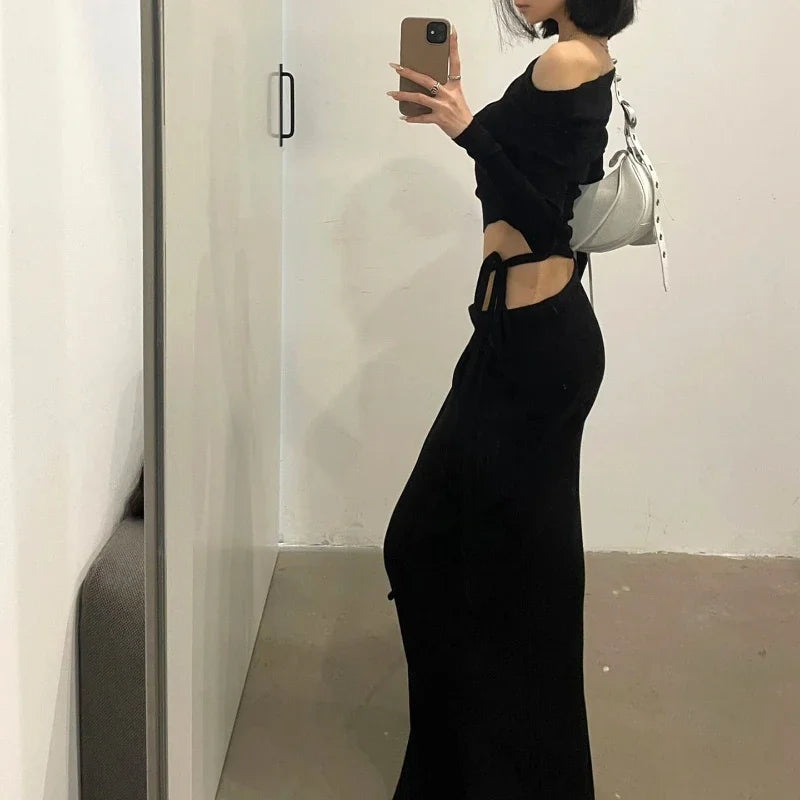 Territory 2024 Spring New Off-shoulder Pleated Sexy Slim Long-sleeved T-shirt Women + Asymmetric Lace-up Split Black Skirt Two-piece Suit