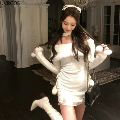 Territory 2024 Winter Christmas Bodycon Knitted Mini Dress Women Casual Long Sleeve Sweet Elegant Even Party One Piece Dresses Korean Fur