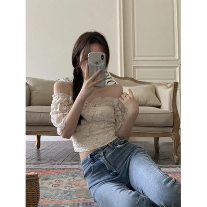 Territory Elegant Slash Neck Shirts Women Summer Lace Patchwork Crop Tops Sweet Korean Square Collar Puff Short Sleeve Slim Blouses