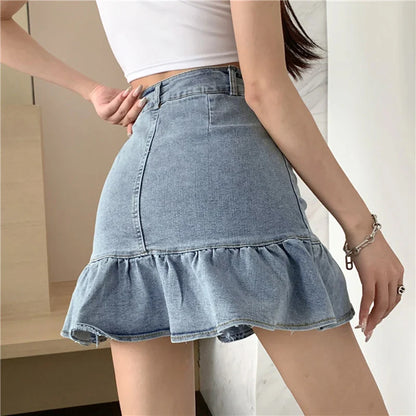 Territory  Vintage Ruffles Denim Mini Skirt Women Y2K 2000S High Waist Jeans Hip Wrap Skirts Streetwear Korean Cute Slim A Line Skirt