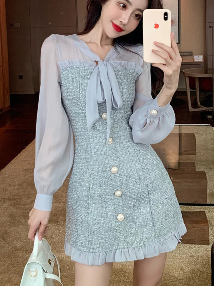 Territory New Spring Vintage Sexy See-through Chiffon Patchwork Tweed Mini Dress Women Ribbon Bow Single-breasted Long Sleeve Party Dress