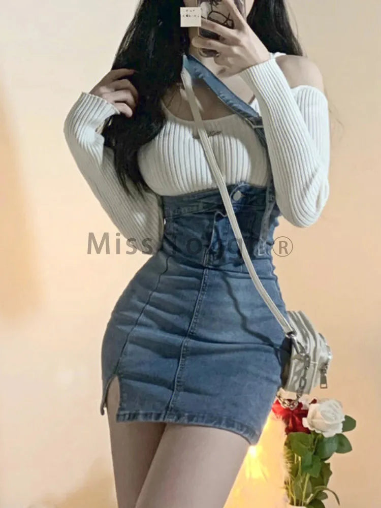 Territory Blue Vintage Knitted Two Piece Set Women Sexy Denim Party Mini Skirt Set Female Split Casual Fashion Skirt Suit Autumn New