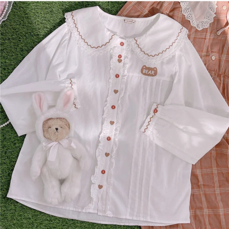 Territory Japanese Soft Girl Sweet Lolita Blouses Cute Bear Embroidery Doll Collar Shirts Women Preppy Style Loose White Long Sleeve Tops