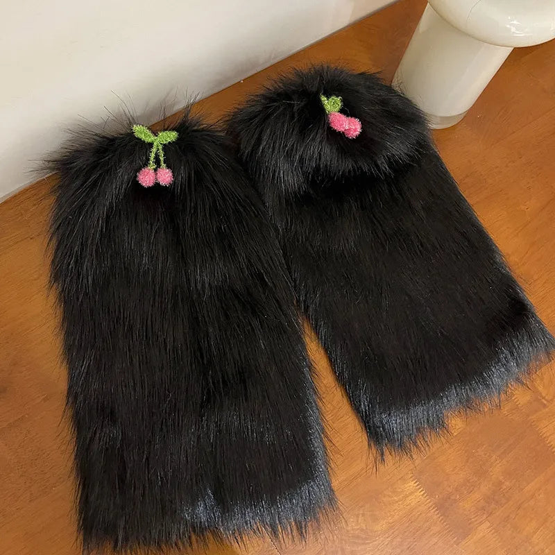 Territory Kawaii Fur Faux Leg Warmers Cherry Lolita Japanese Women Leggings Boots Covers Y2k Girls Harajuku Fur Foot Warming New Year Gift