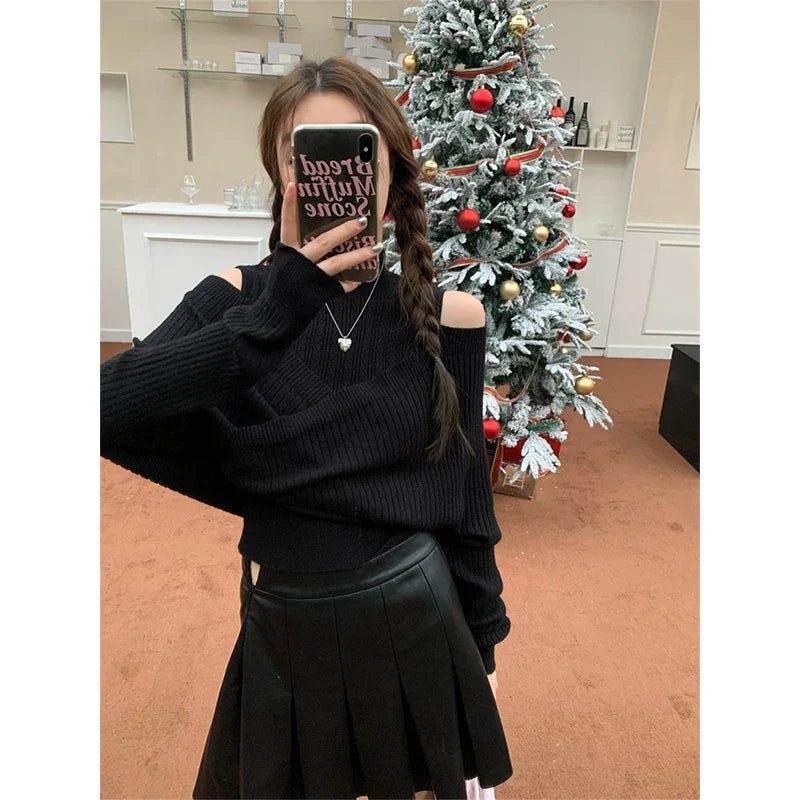 Territory Cropped Irregular Sweater Women Sexy Off Shoulder Knitted Pullovers Korean Fashion Jumpers Winter Streetwear Slim Knitwear