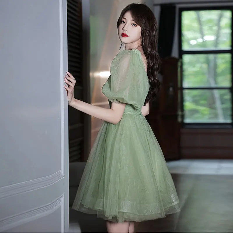 Territory Green Sweat Puff Sleeve Lady Girl Women Princess Bridesmaid Banquet Party Ball Prom Short Dress Gown Sexy Bandeau Backless Club