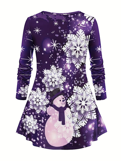 Women's Festive Christmas Snowman & Snowflake Print Long Sleeve Dress and High-Waist Leggings Set - Casual, Machine Washable