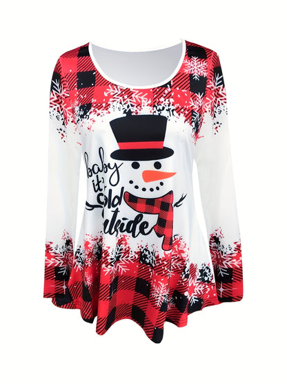 Two-piece Casual Outfits, Snowman Print Crew Neck Long Sleeve T-shirt & Skinny Leggings, Women's Clothing