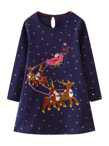 Whimsical Cartoon Long Sleeve T-Shirt Dress for Girls - Soft, Comfortable, and Adorable - Ideal Casual Wear for 2-7 Year Olds