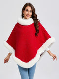 For Fall & Winter, Fuzzy Trim Color Block Poncho Christmas Thermal Crew Neck Sweater, Women's Clothing, Hanky Hem