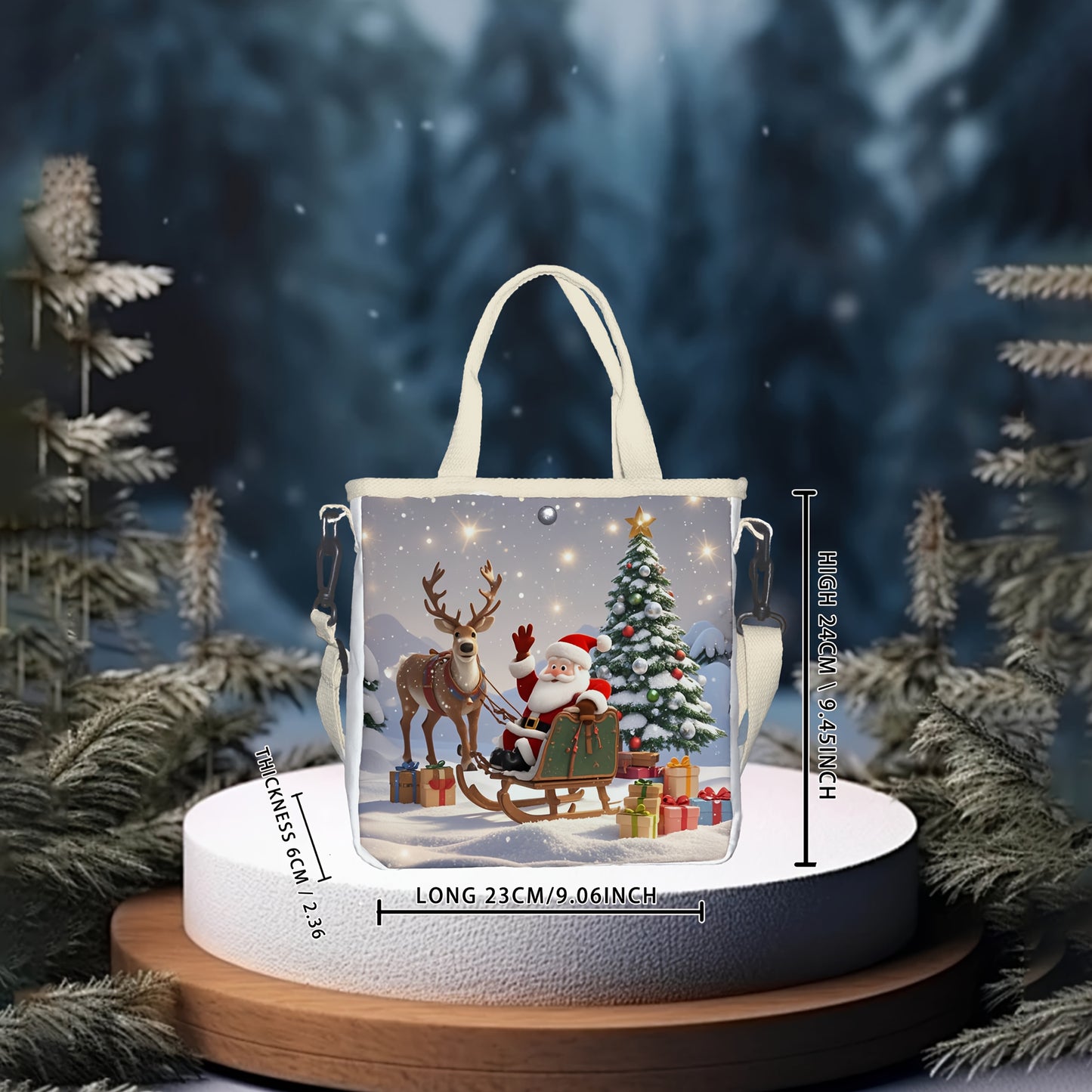 1pc Christmas Canvas Tote Bag with Santa and Reindeer Print, Casual Foldable Handbag with Adjustable Strap, Hollow Ruched Design, Snap Closure, Unlined - Ideal for Gifts and Outings