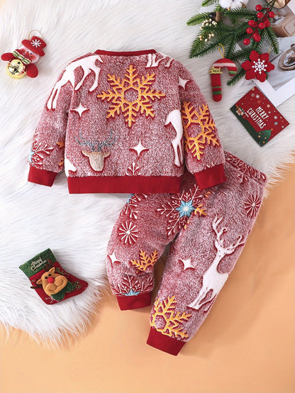 Two-Piece Suit Baby Girl Baby Boys Casual And Comfortable Autumn And Winter New Christmas Style Snowflake Deer Plush Round Neck Sweatshirt Trousers Suit, For Outdoor